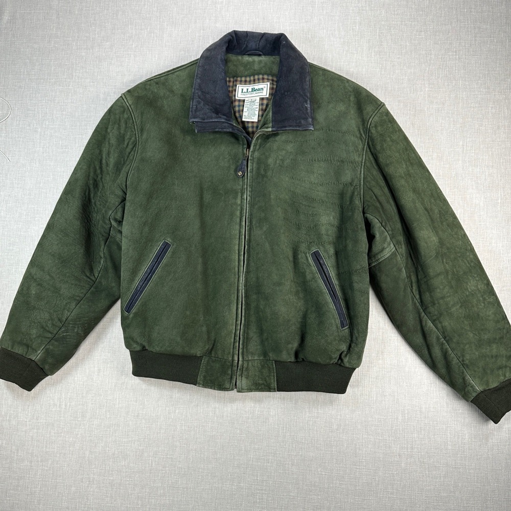 L.L. Bean Bomber Jacket Mens L Green Nubuck Leather Thinsulate Plaid Vintage - Picture 3 of 16